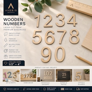 May include: A set of laser-cut wooden numbers from 0 to 9, arranged in rows. The light-colored wood digits are displayed alongside a wooden ruler showing measurements from 1/2 inch to 4 inches, a pencil, and text detailing product features.