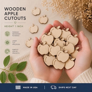 May include: A collection of small, light-colored wooden apple cutouts, each measuring 1 inch in height. The smooth, flat shapes feature a simple apple silhouette with a small stem and leaf detail, crafted from basswood plywood with laser-cut edges.