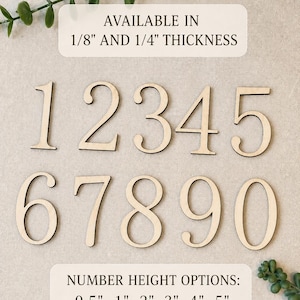 Peut inclure: Un ensemble de dix chiffres en bois clair de zéro à neuf dans une police serif. Le texte indique : AVAILABLE IN 1/8" AND 1/4" THICKNESS et NUMBER HEIGHT OPTIONS: 0.5", 1", 2", 3", 4", 5". Les chiffres sont disposés en deux rangées horizontales.