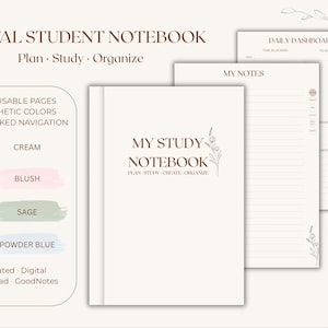 Könnte beinhalten: Ein digitales Studentennotizbuch mit Hyperlink-Navigation, das ein Cover mit dem Titel My Study Notebook sowie interne Seiten für Tagesübersichten und Notizen enthält. Die Farboptionen umfassen Creme, Blush, Salbei und Puderblau.