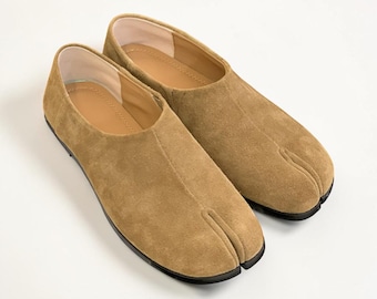 Leather Tabi Shoes Split Toe Clog Mules Japanese-inspired Style Suede Flats Women Mary Janes Handmade Retro Flats