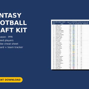 Fantasy Football Draft Kit 2026 | PPR Cheat Sheet Excel Spreadsheet | Draft Board Tracker | 215 Ranked Players | Instant Digital Download