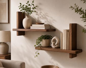 May include: Two dark wood floating shelves mounted on a wall. The top shelf holds a beige vase with green foliage and a stack of books. The bottom shelf features a potted trailing plant, a white abstract sculpture, and a row of upright books.