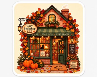 May include: A square sticker featuring a brick bookshop covered in autumn leaves. A sign reads Cozy Bookshop, Books Good Days Kind People, Read More Be Kinder, A Brighter World, and All Are Welcome. Two orange pumpkins sit near the entrance.