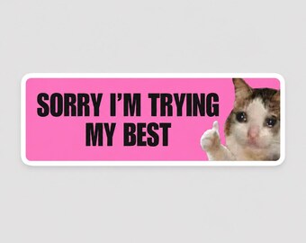 May include: A rectangular sticker with a bright pink background featuring the black text SORRY I'M TRYING MY BEST on the left side and a graphic of a sad, crying cat giving a thumbs up gesture on the right side of the design.