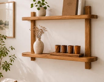 May include: A two-tiered wall-mounted wooden shelf featuring rounded edges. The top shelf holds a potted green plant and two books. The bottom shelf displays a ceramic vase with dried flowers and a wooden tray with four small wooden cups.
