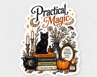 May include: A die-cut sticker featuring a black cat sitting on a stack of books labeled Book of Shadows, Herbs & Potions, Spells for Everyday, and Hereditary Magic. Includes a cauldron, candles, a pumpkin, and text reading Practical Magic.
