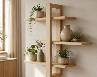 May include: A light-colored wooden wall shelf with an asymmetrical design featuring three horizontal tiers. The shelves hold various potted green plants, a trailing vine, and a smooth, rounded beige ceramic vase on the middle shelf.