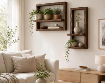 May include: Two dark brown wooden wall-mounted shelves with multiple tiers. The horizontal rectangular shelf holds three potted plants and a small bowl. The vertical rectangular shelf holds a ceramic vase and a small potted plant with trailing vines.
