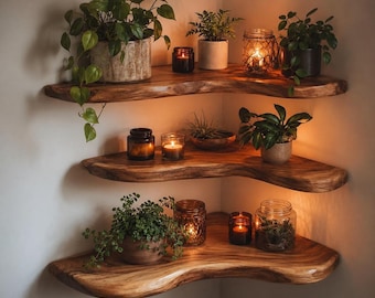 May include: Three tiered corner shelves made of natural wood with live edges. The shelves hold various potted green plants, including trailing vines, and several glass jars containing lit candles that emit a warm, soft glow in the room.