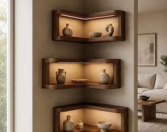 May include: Three stacked L-shaped wooden corner shelves mounted on a wall. Each shelf features integrated warm LED lighting and holds various ceramic vases and bowls in neutral tones. The shelves have rounded edges and a smooth finish.