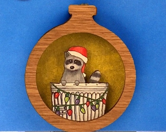 Santa Raccoon Wood Ornament