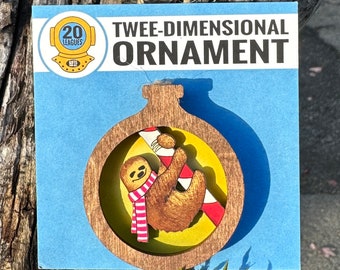 Sloth with Scarf Twee-Dimensional Wood Ornament