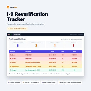 May include: An I-9 Reverification Tracker digital dashboard for Excel. The interface displays employee work-authorization data, including document types, expiration dates, and status alerts like Overdue, Urgent, Action, Watch, and OK.