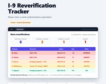 I-9 Reverification Tracker Excel | I9 Work Authorization Expiration Log | HR Compliance Spreadsheet Template | 120/60/30 Alerts