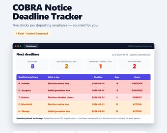 COBRA Deadline Tracker Excel | COBRA Notice and Election Deadlines by Qualifying Event | Benefits Compliance Spreadsheet for HR