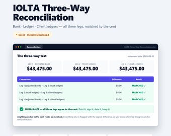 IOLTA Three-Way Reconciliation Excel | Attorney Trust Account Spreadsheet | Law Firm Client Ledger Template | Legal Bookkeeping