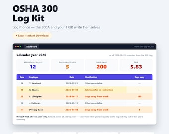 OSHA 300 Log Excel Template | 300A Summary Auto Calculator | Work Injury Illness Tracker | TRIR DART Rate Calculator | Safety Compliance
