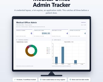 Medical Office Admin Tracker Excel | Credentials, Supply Inventory, Payer Enrollment and Referral Log | Practice Management Spreadsheet