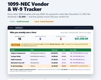 1099 Tracker Excel Template | W-9 Vendor Tracker for the New 2026 Threshold | Small Business Bookkeeping Spreadsheet | 1099-NEC