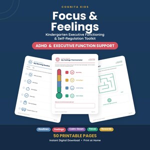 May include: A set of 50 printable pages titled Focus & Feelings Kindergarten Executive Functioning & Self-Regulation Toolkit. The pages include a My Morning Routine checklist, a My Feelings Thermometer with colour-coded emotions, and a maze.