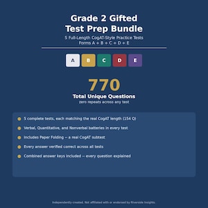 Pode incluir: Um pacote de preparação para testes de aptidão do 2º ano com 5 exames práticos completos estilo CogAT, formulários A a E, com 770 perguntas únicas. O documento detalha baterias verbais, quantitativas e não verbais incluídas.