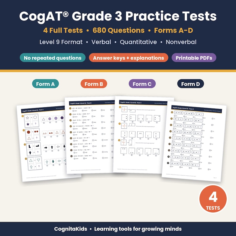Think Level 1 Answers.pdf Cogat Grade 3 Practice Test Bundle, 4 Full Tests 680 Questions, Level 9 ...