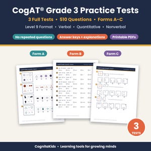 May include: CogAT Grade 3 Practice Tests featuring 3 full tests, 510 questions, and forms A-C. The materials include verbal, quantitative, and nonverbal sections in level 9 format, with answer keys, explanations, and printable PDF files.