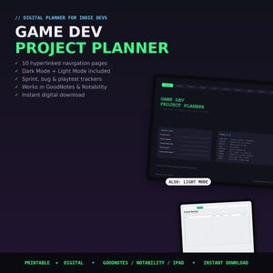 Game Dev Project Planner Digital | Indie Game Developer Planner GoodNotes | Sprint Tracker Bug Log Playtest Notebook | Dark & Light Mode