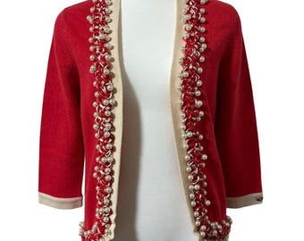 Chaqueta cárdigan de cachemir con ribete de perlas vintage de CHANEL