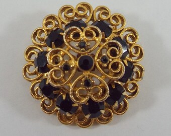 Black Glass and Gold tone filagree Mourning brooch pin