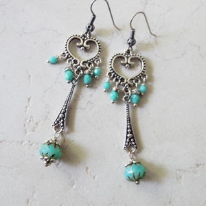 Aqua Blue Czech Glass Long Silver Earrings 3&quot; Long