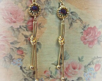 Swarovski Faceted Meridian Crystal Gold Stick Earrings on Brass hook ear wires 3" Long dangles