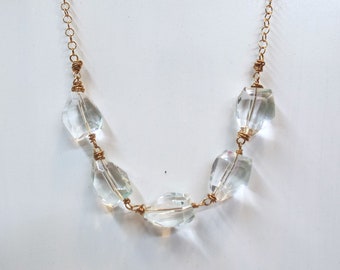 Gem Cut Glass Bead Bold Necklace on Solid Bronze chain and messy wrapped wire 20" long