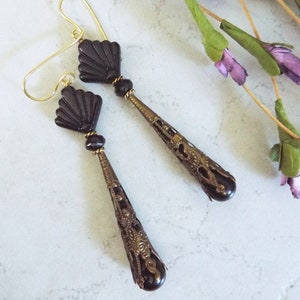 Long Black and Antique Brass ART DECO FAN Dangle Earrings 3.25&quot;