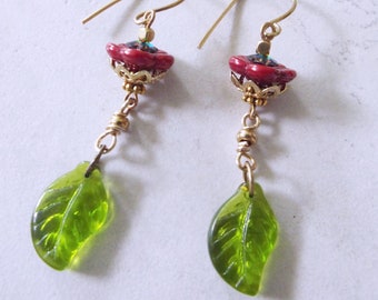 Bright Red Czech Glass Flowers and Leaf Dangle Earrings 2.5" Long