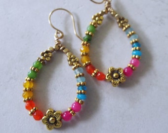 Multi Colored Jade Flower Dangle Hoop Earrings on Brass Wires 2.25" Long