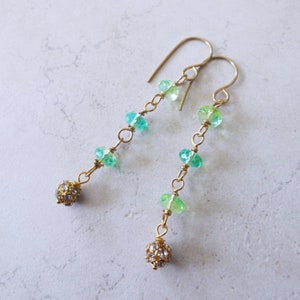 Lime green yellow blue Czech Glass and AB Crystal and Brass 2.5&quot; Long Linear Earrings