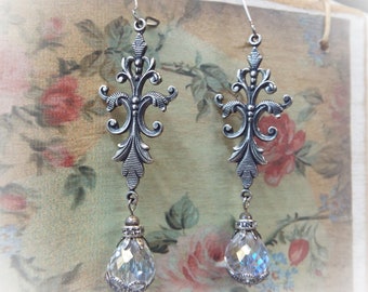 Large AB Crystal Victorian Antiqued Silver Filigree Dangle Earrings On Stainless Steel Kidney wires 3" Long