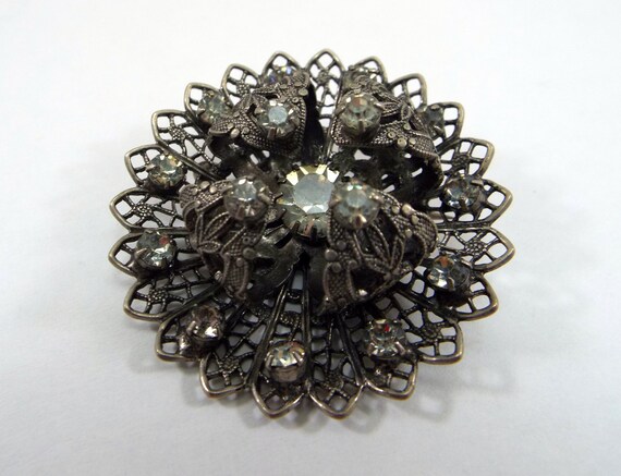 Lacey Filigree Rhinestone Portuguese Brooch Silver - image 4