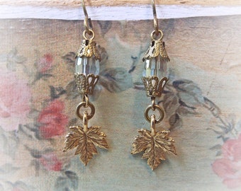 Earrings Vintage Style Crystal Victorian Gold Plated Maple Leaf 1.75" Little Dangles