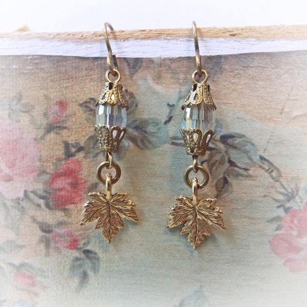 Earrings Vintage Style Crystal Victorian Gold Plated Maple Leaf 1.75" Little Dangles