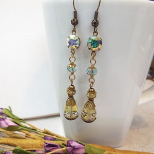 Earrings Long Aqua Blue and Amber Czech Glass Brass Earrings on French Filigree Hook Wires 3&quot; long Swarovski AB Turquoise Crystals GORGEOUS