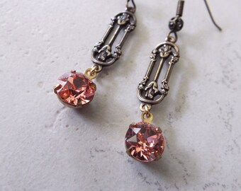 Peachy Pink Swarovski Crystal and Brass Earrings