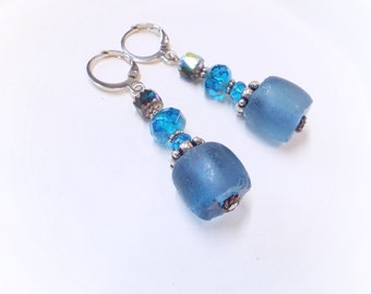 Teal Blue Czech and African Glass Silver Earrings On Stainless Steel Leverbacks 2" Long