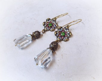 Antiqued Bronze Gem Cut Glass and Crystal Pink and Green Dangle Earrings on Brass hook wires 3" long