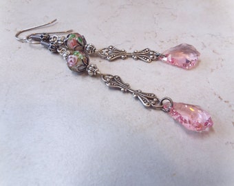 Earrings Rose Lampwork Glass Filigree Antiqued Silver Swarovski Baroque Dangles 3.25" Long