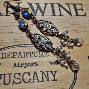 Earrings Swarovski Crystal Aurora Borealis  Pearl and Brass Earrings