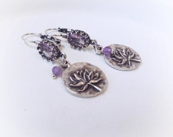 Earrings Ornate Antiqued Silver Genuine Purple Amethyst and Lotus Charm Leverback 1.75" Long Beautiful Dangles