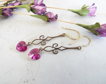 Simple Beautiful Delicate Fuchsia Swarovski Heart Earrings Brass Vintage Style Openwork Swarovski Crystal 2-3/8" Long